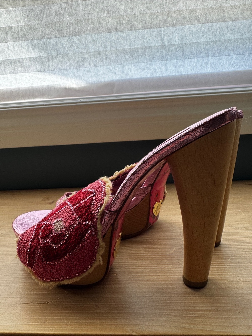 Betsey Johnson Metallic Pink Platform Mules with Red Beaded Heart